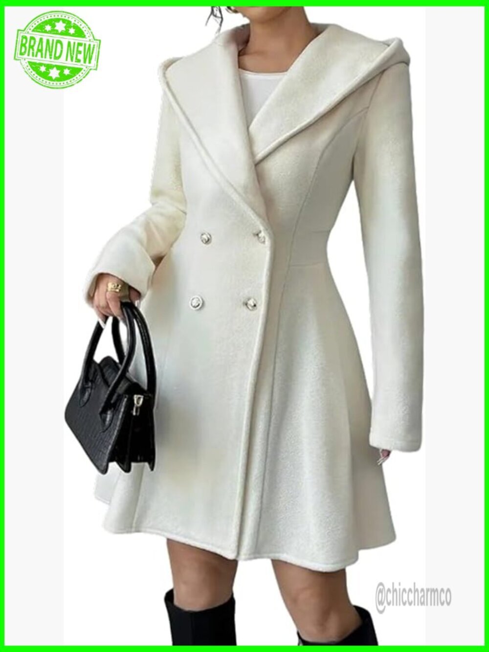 Winter Wool Pea Coat with Hood Double Breasted Slim Fit Midi Length